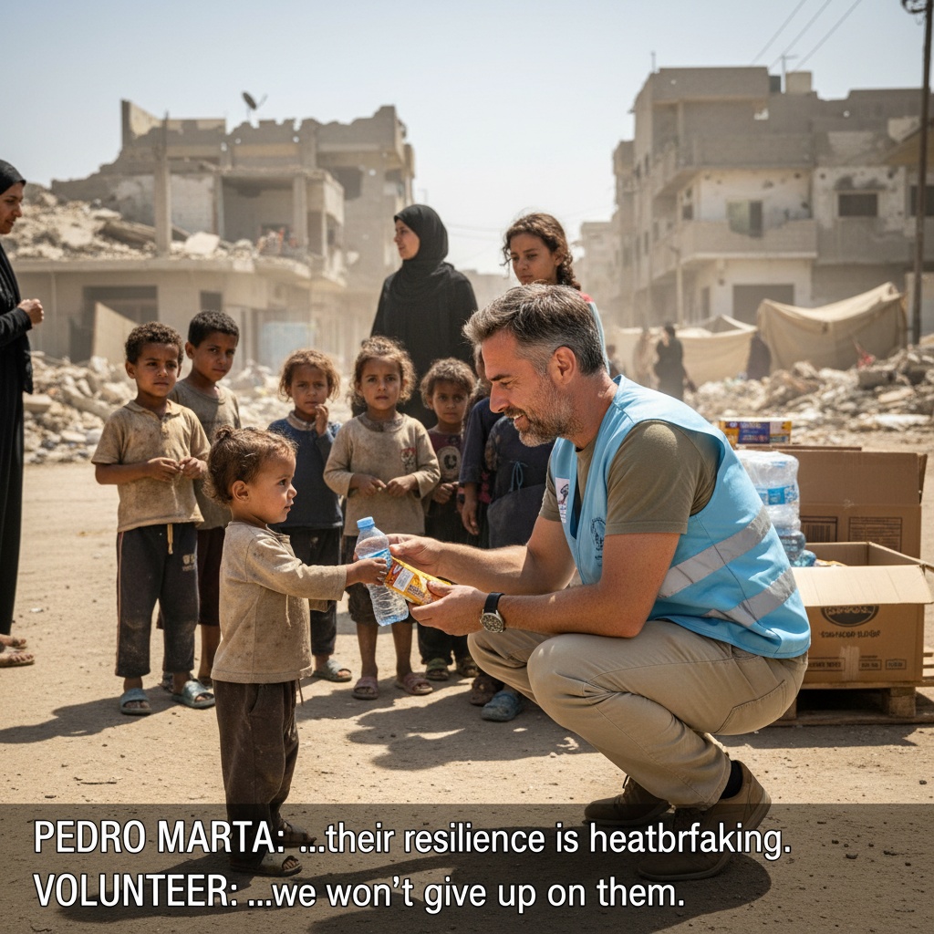 Volunteer providing water and aid to children in a community affected by crisis